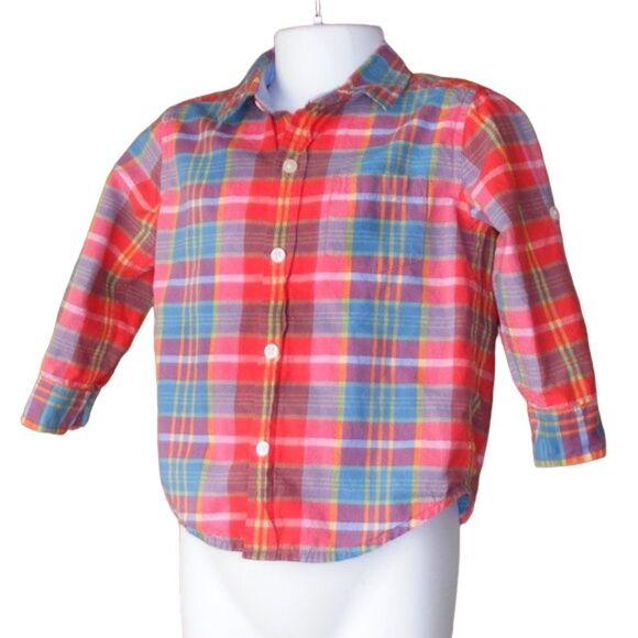 JANIE & JACK Shirt, 18-24mo, Red/blue Plaid Button down, Tab Sleeves, Cotton - Picture 4 of 8